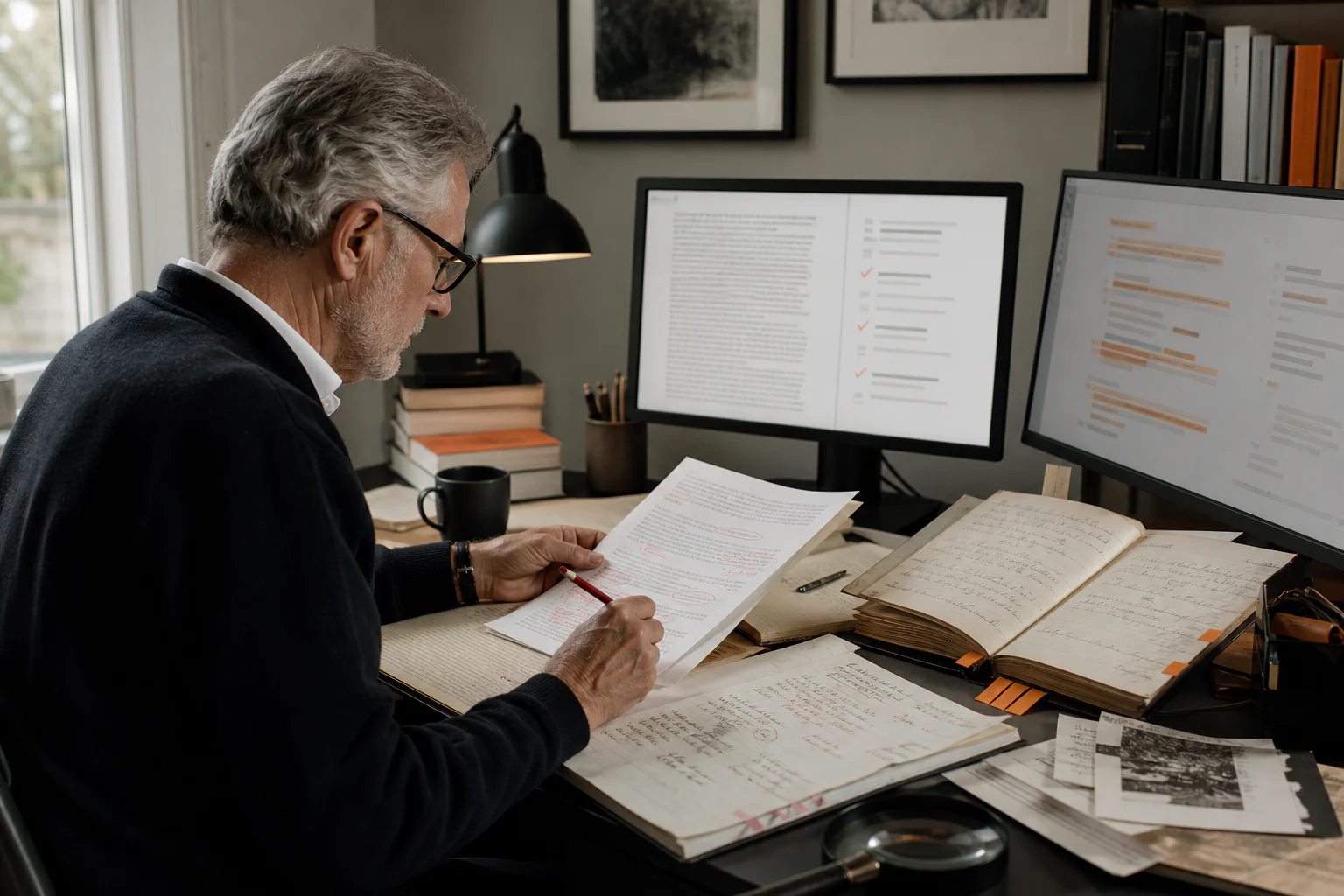 A senior editor checking a draft against source documents and annotated notes
