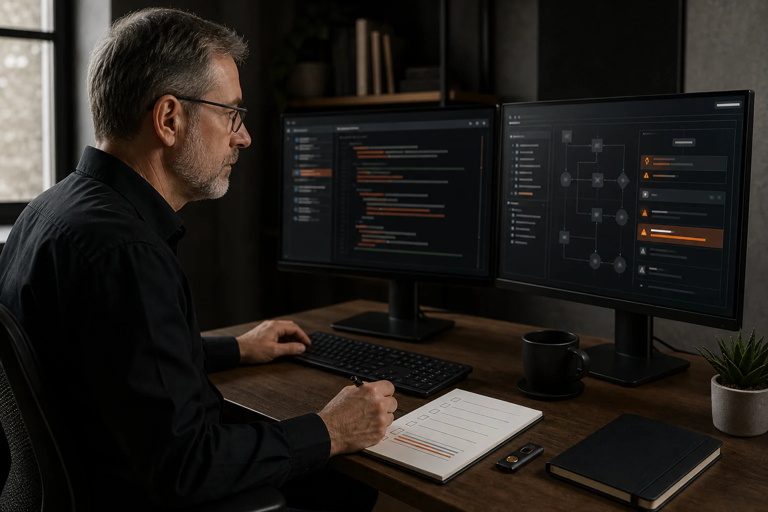 A senior developer reviewing code, deployment permissions and a physical security checklist