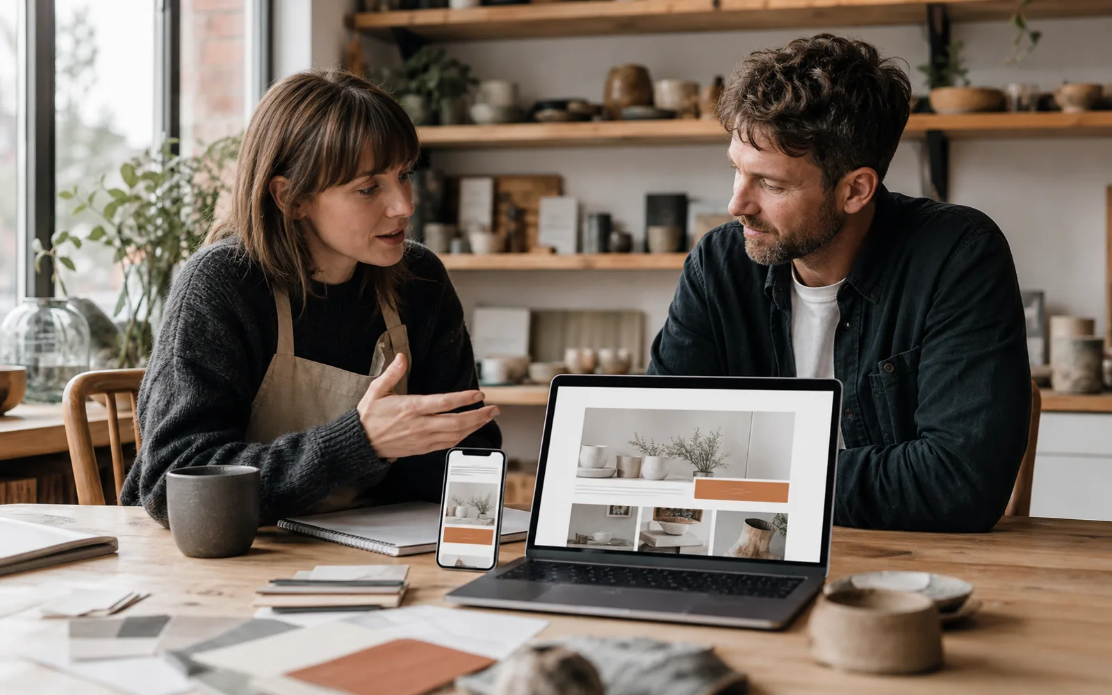 Small-business founder briefing a website specialist while the finished site is shown across laptop and phone