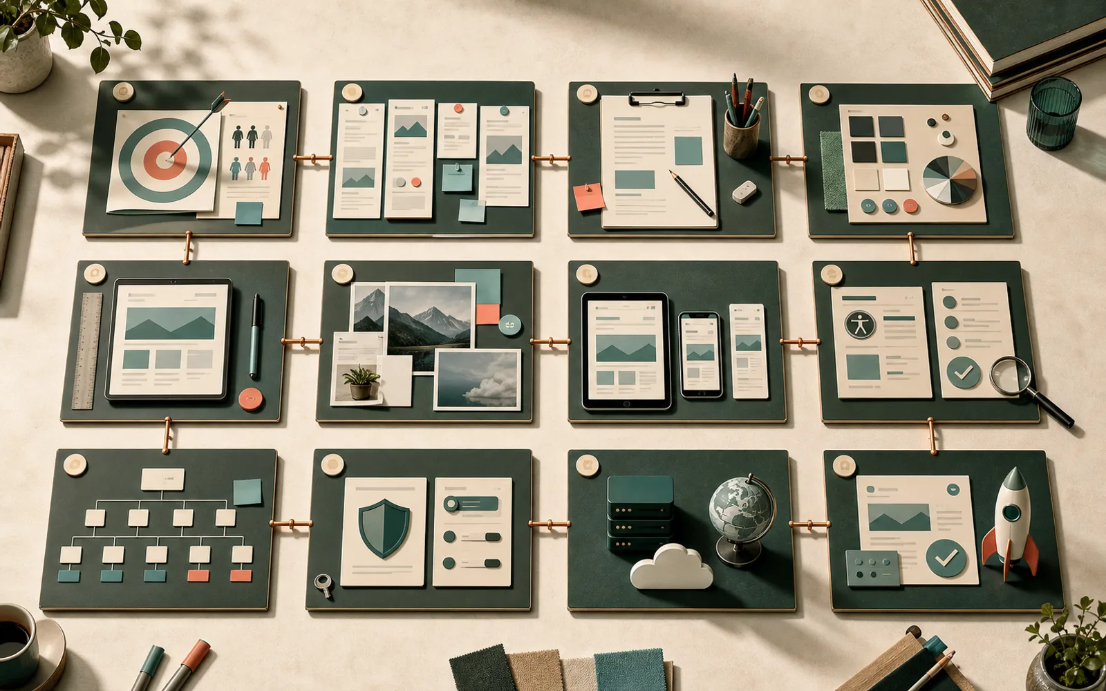 An end-to-end website production process showing the business brief, AI-assisted build, content and design review, technical QA, deployment and maintenance