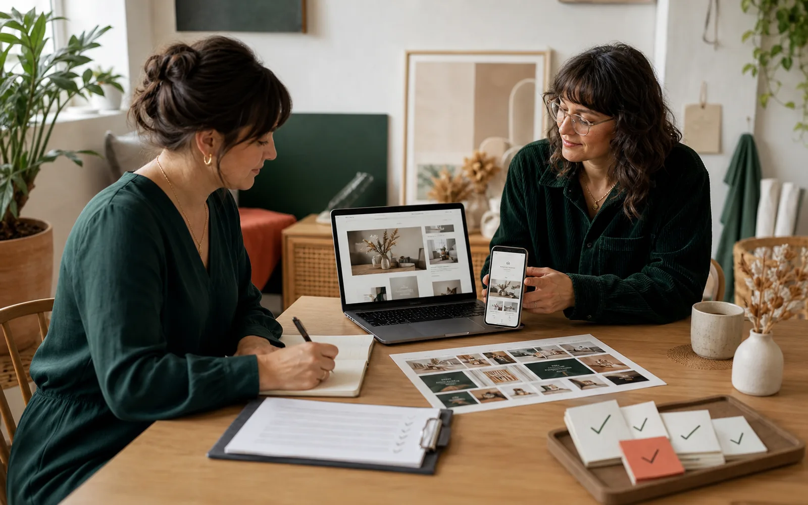 Business owner reviewing a completed responsive website with a specialist rather than operating a page builder
