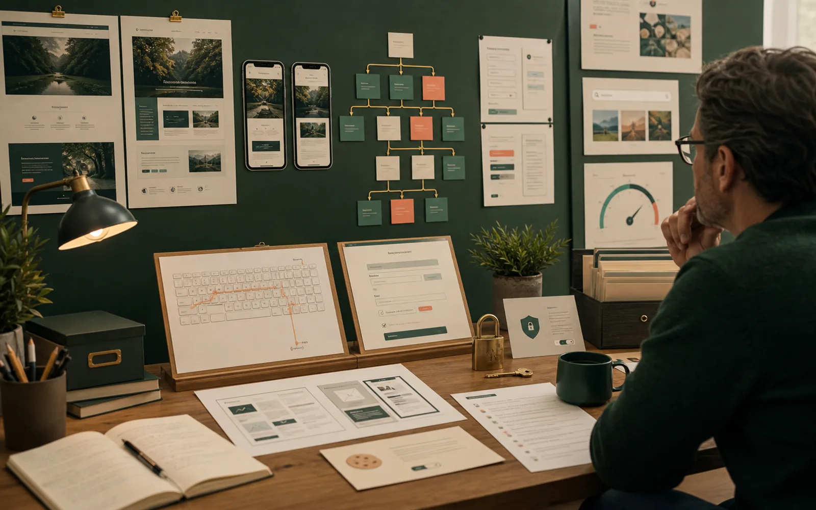 A pre-launch review desk checking mobile layouts, forms, search rendering, accessibility, performance, secrets and recovery before a website goes live