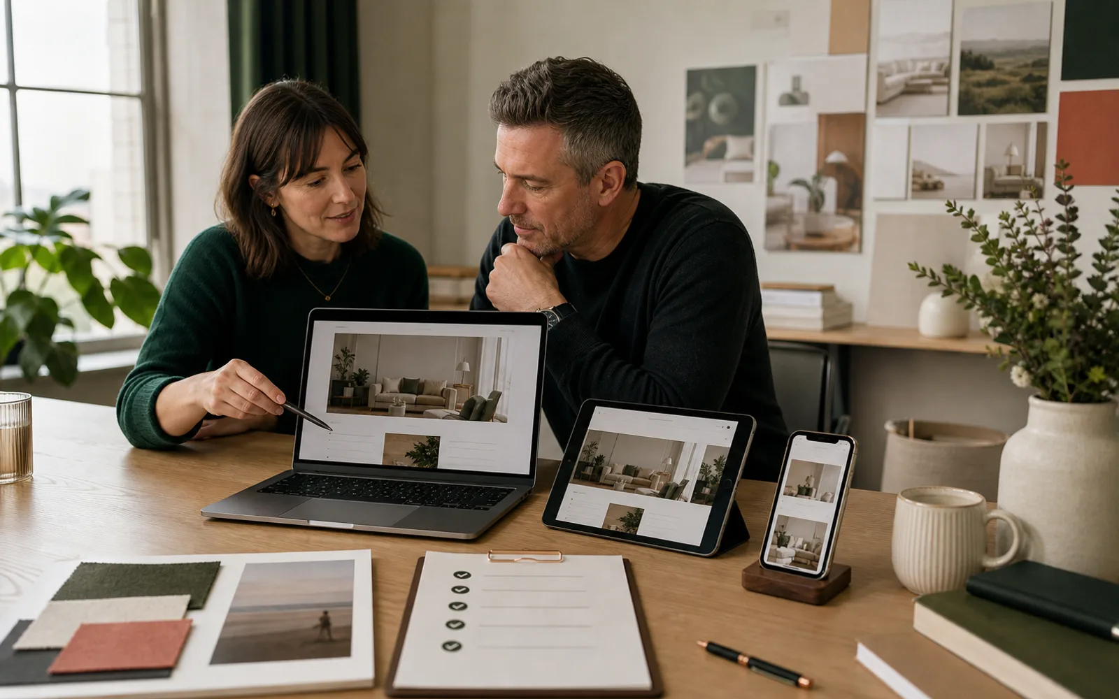 Small-business owner approving a finished responsive website while a specialist manages design, content and launch quality