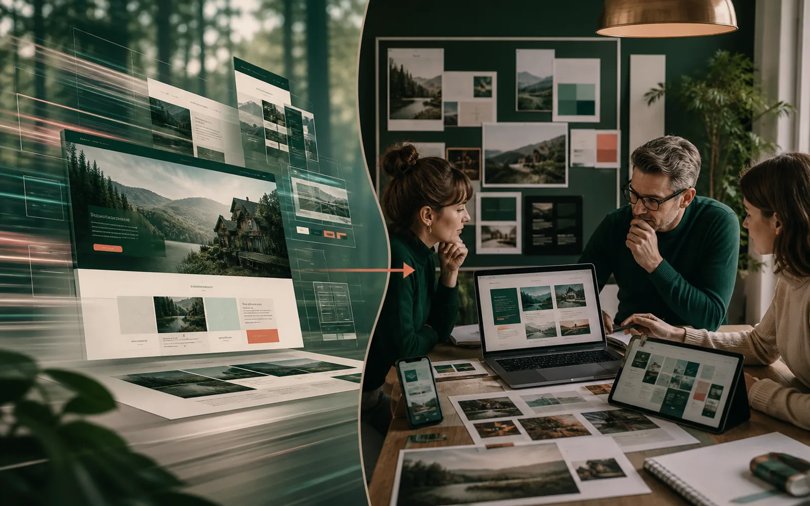 A website project split between the fast generated starting point and the human work needed for content, design, technical and operational approval