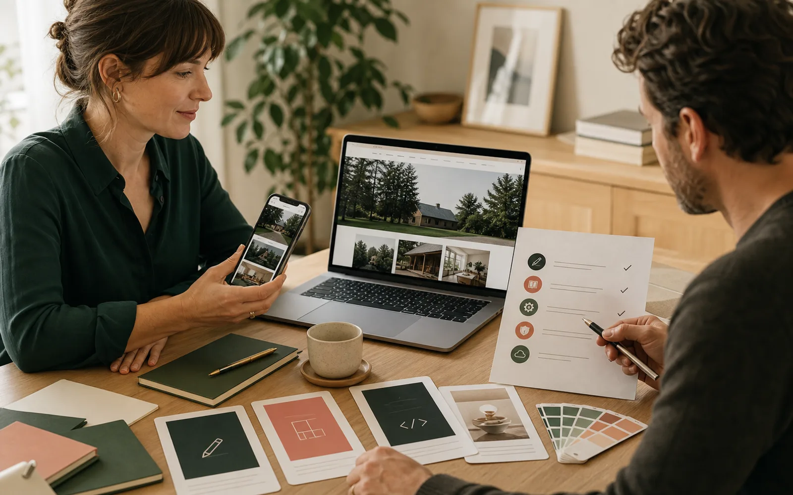 Small-business founder approving a completed responsive website while a specialist owns the technical and maintenance work