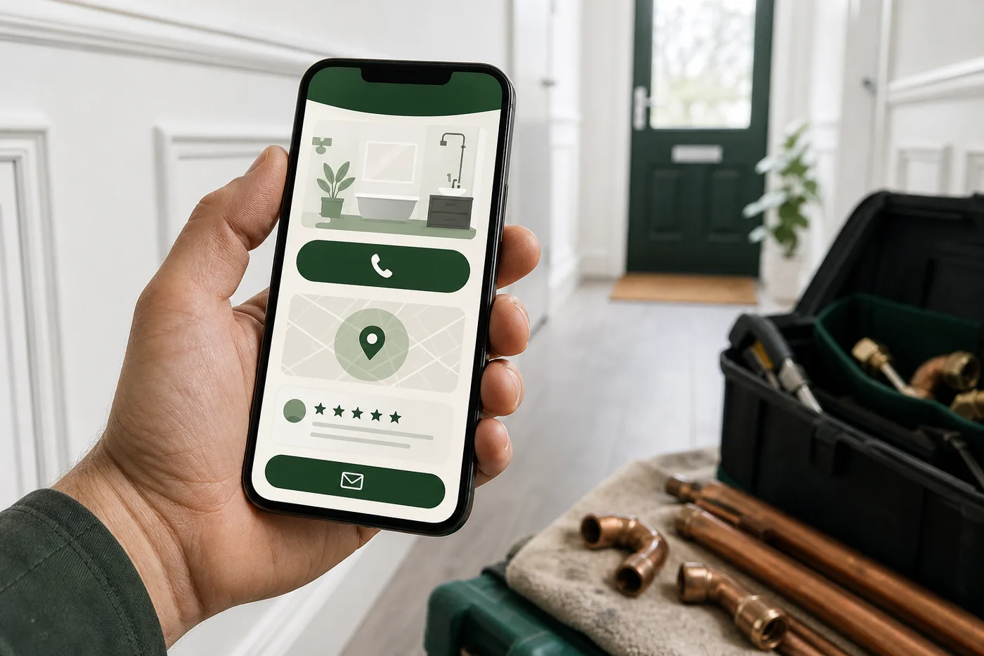 Plumber holding a phone displaying a clear mobile service page with call, coverage and review elements