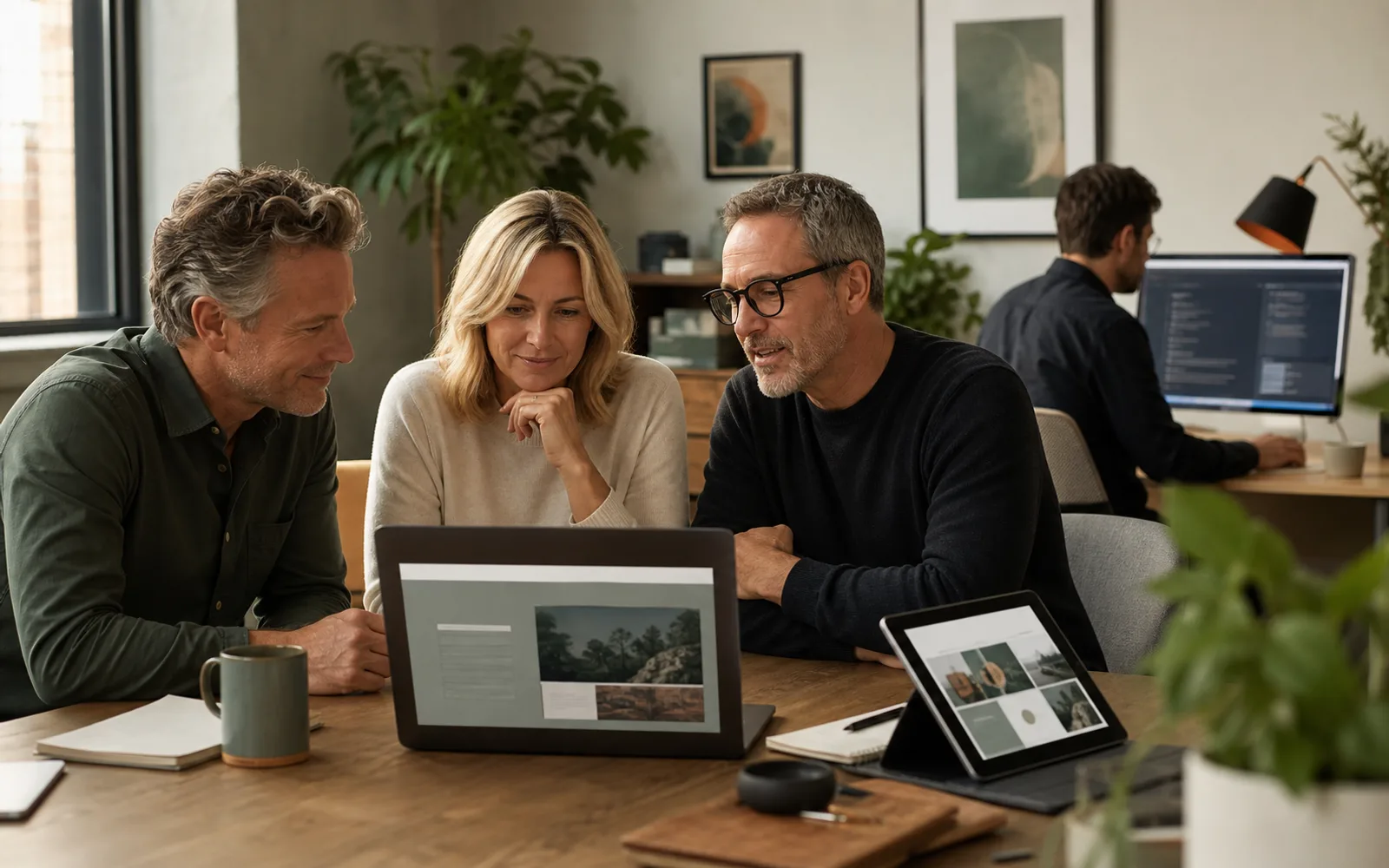 A small-business team reviewing a finished website while a specialist maintains the publishing system