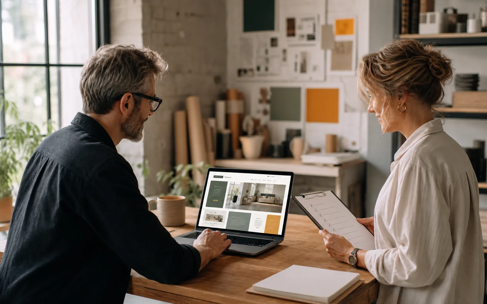 A small-business owner approving website decisions while a specialist handles production and maintenance
