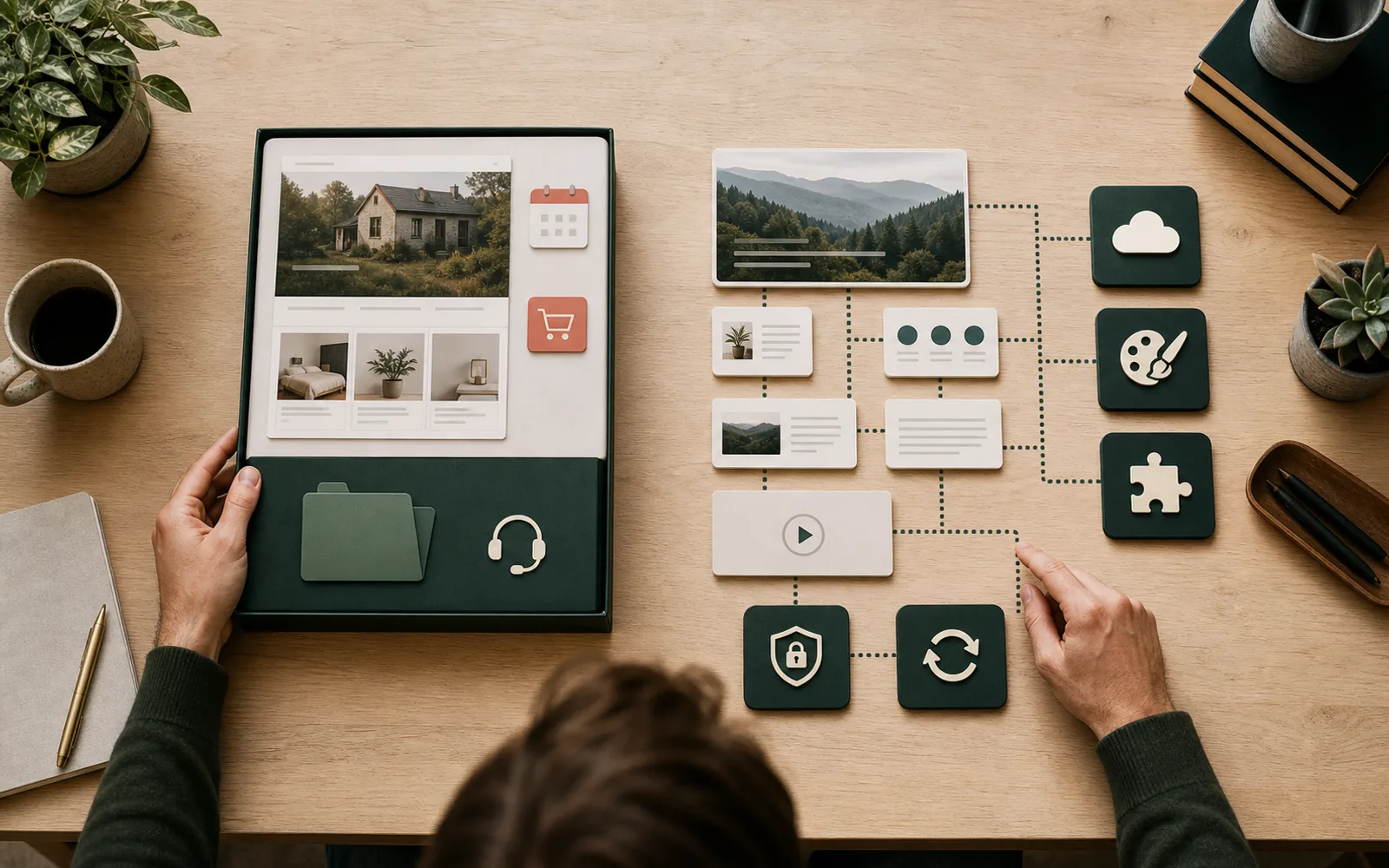 A compact Wix-style hosted website workflow beside a modular WordPress-style system with hosting, themes, plugins and backups