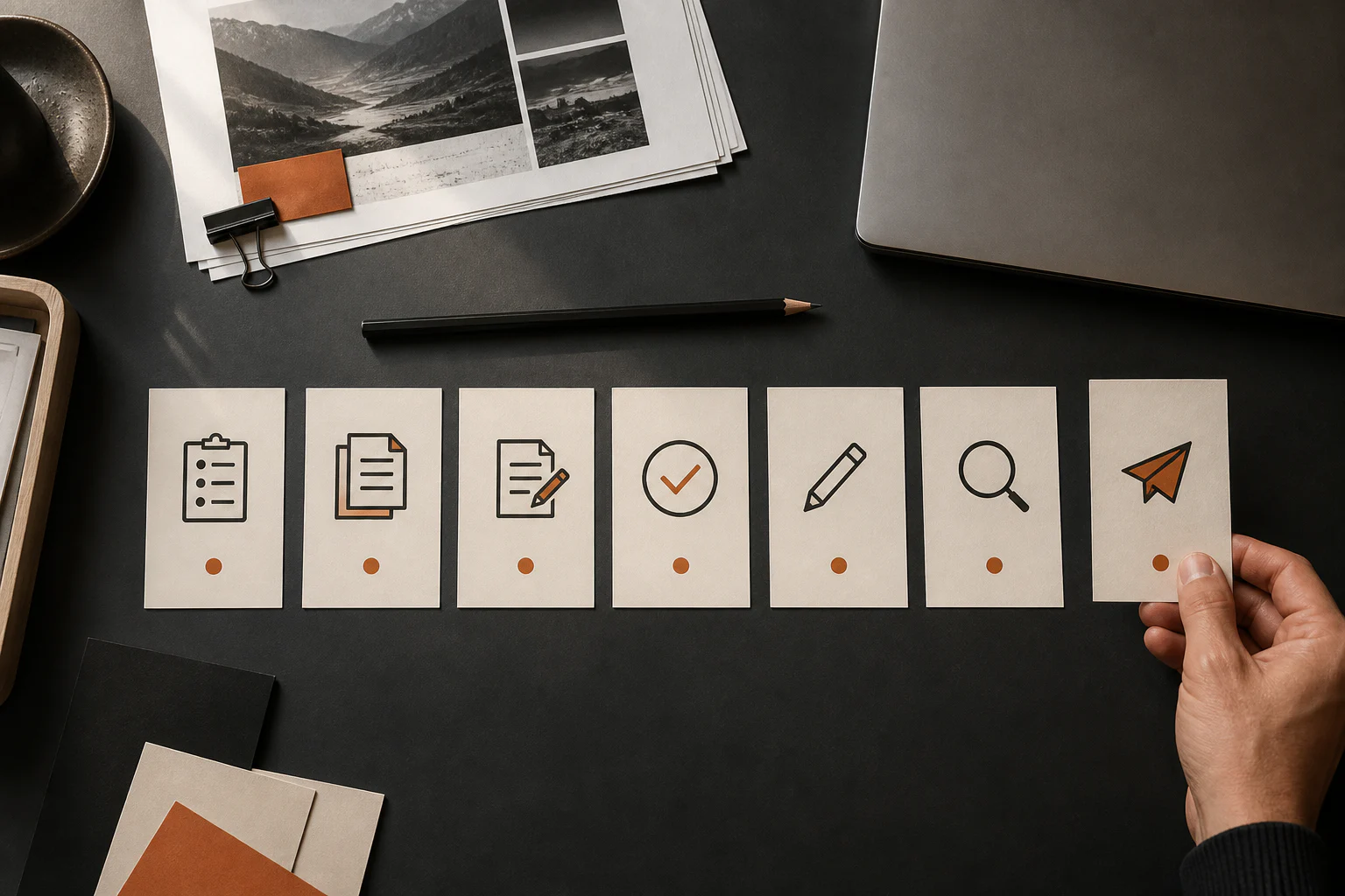 Seven review cards representing the brief, evidence, draft, factual check, edit, search review and release