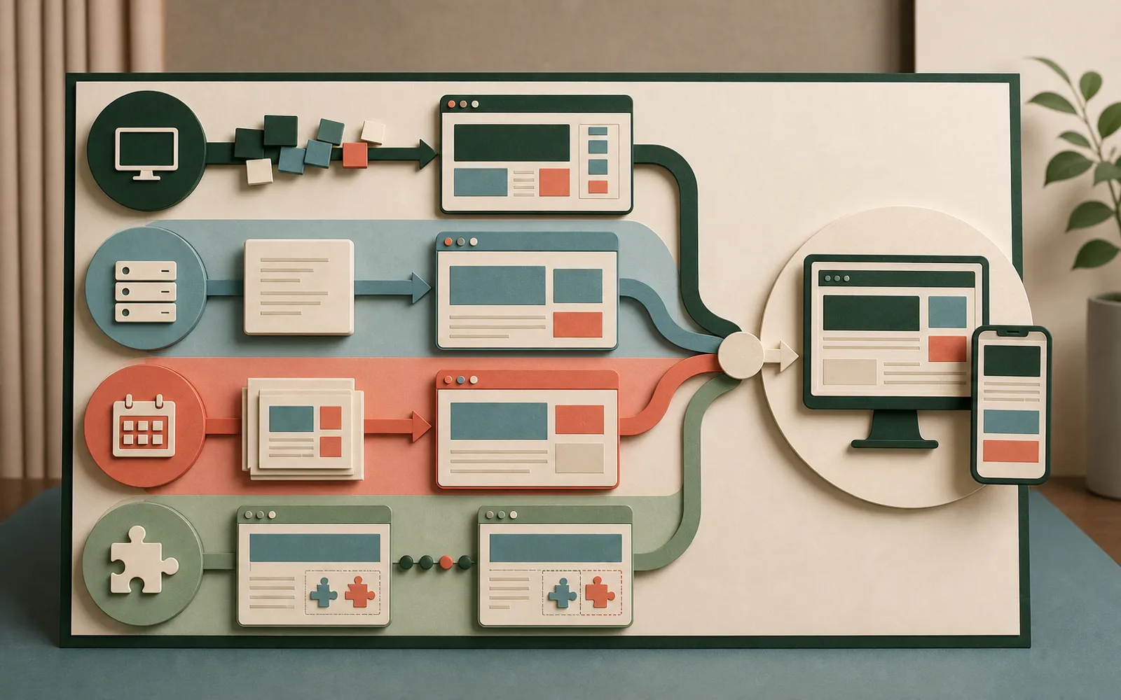 Four rendering models showing browser-only creation, per-request server HTML, build-time static HTML and a hybrid page with selected interactive components