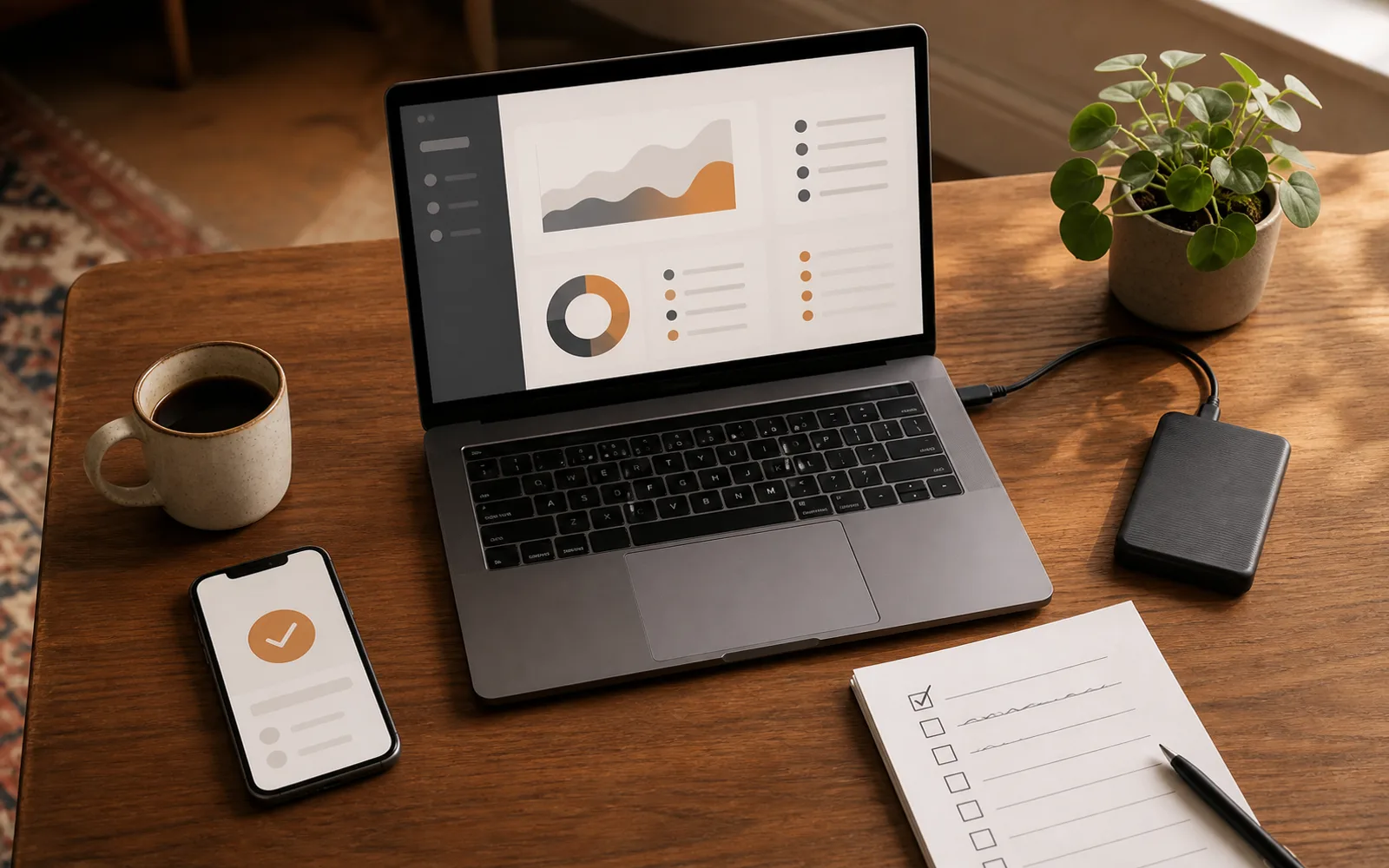 Laptop showing a healthy website beside a phone form test, backup drive and ticked maintenance checklist