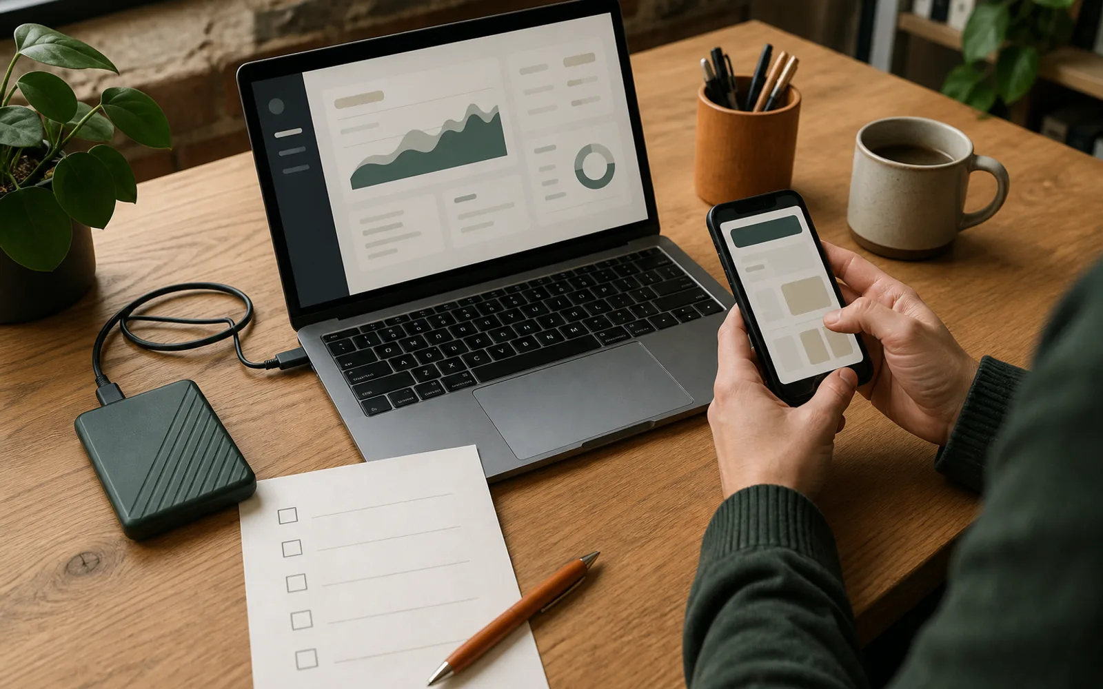 A laptop, backup drive, phone test and plain checklist representing the practical parts of website maintenance