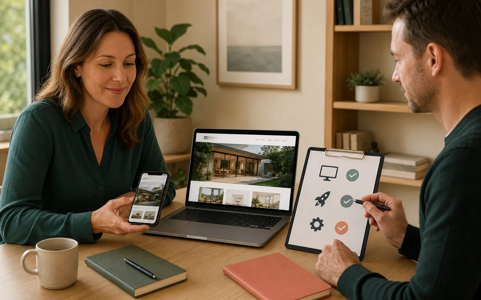 Small-business owner reviewing a completed responsive website while a specialist manages the design and launch checklist