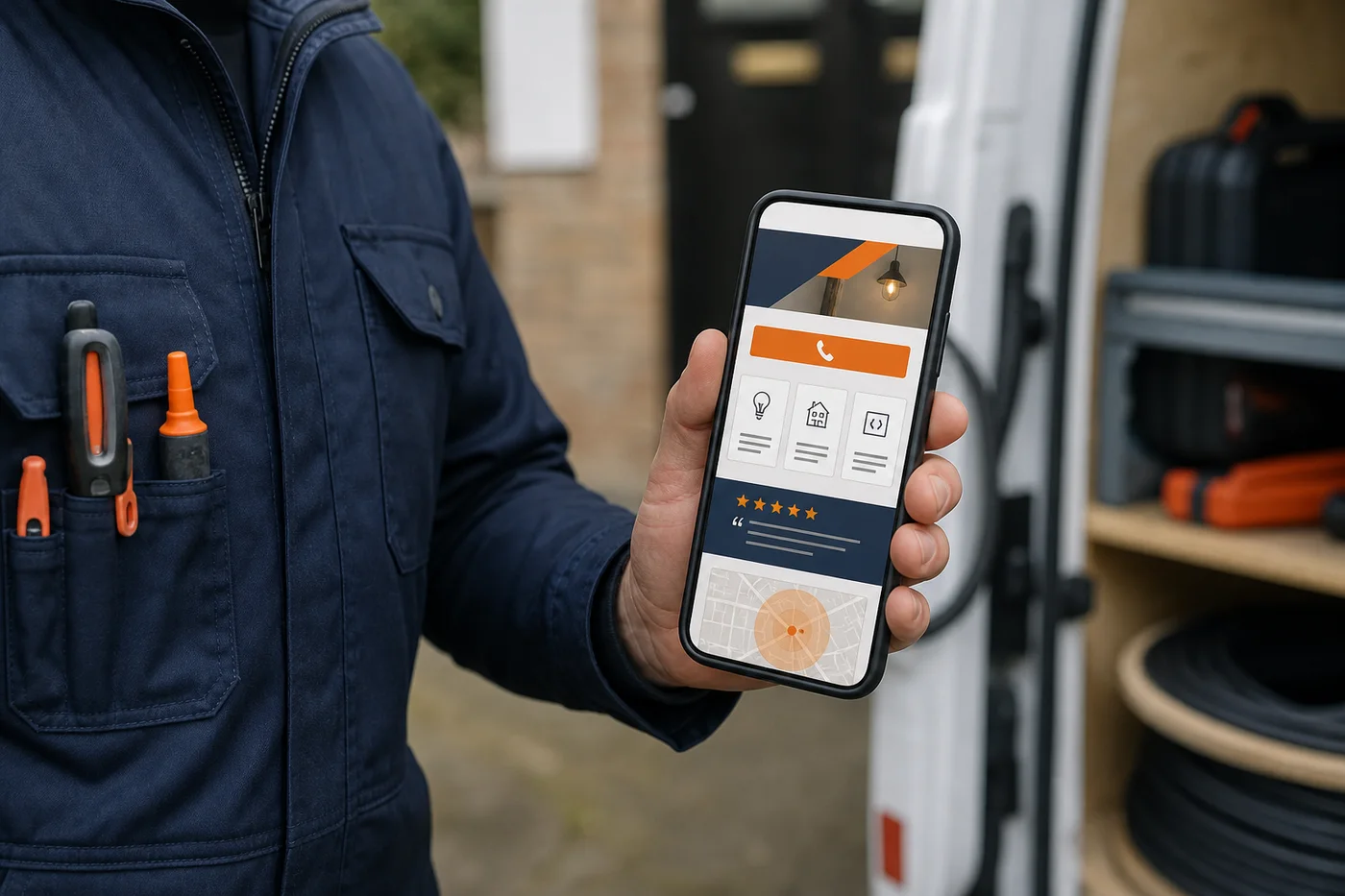 Electrician holding a phone displaying a clear mobile service website