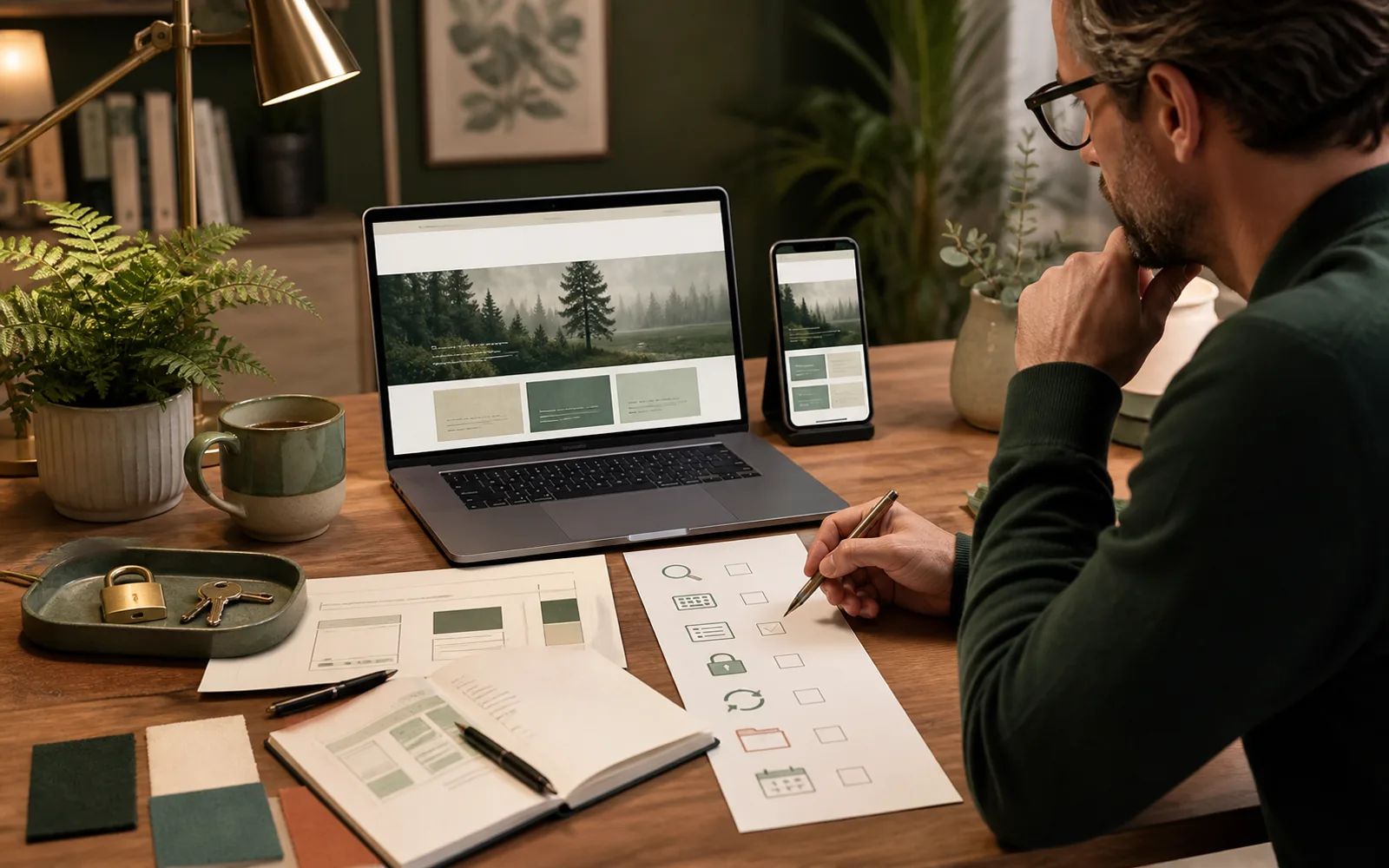 A business owner checking content, mobile use, search settings, form handling, account security, costs and ownership before publishing an AI-built website