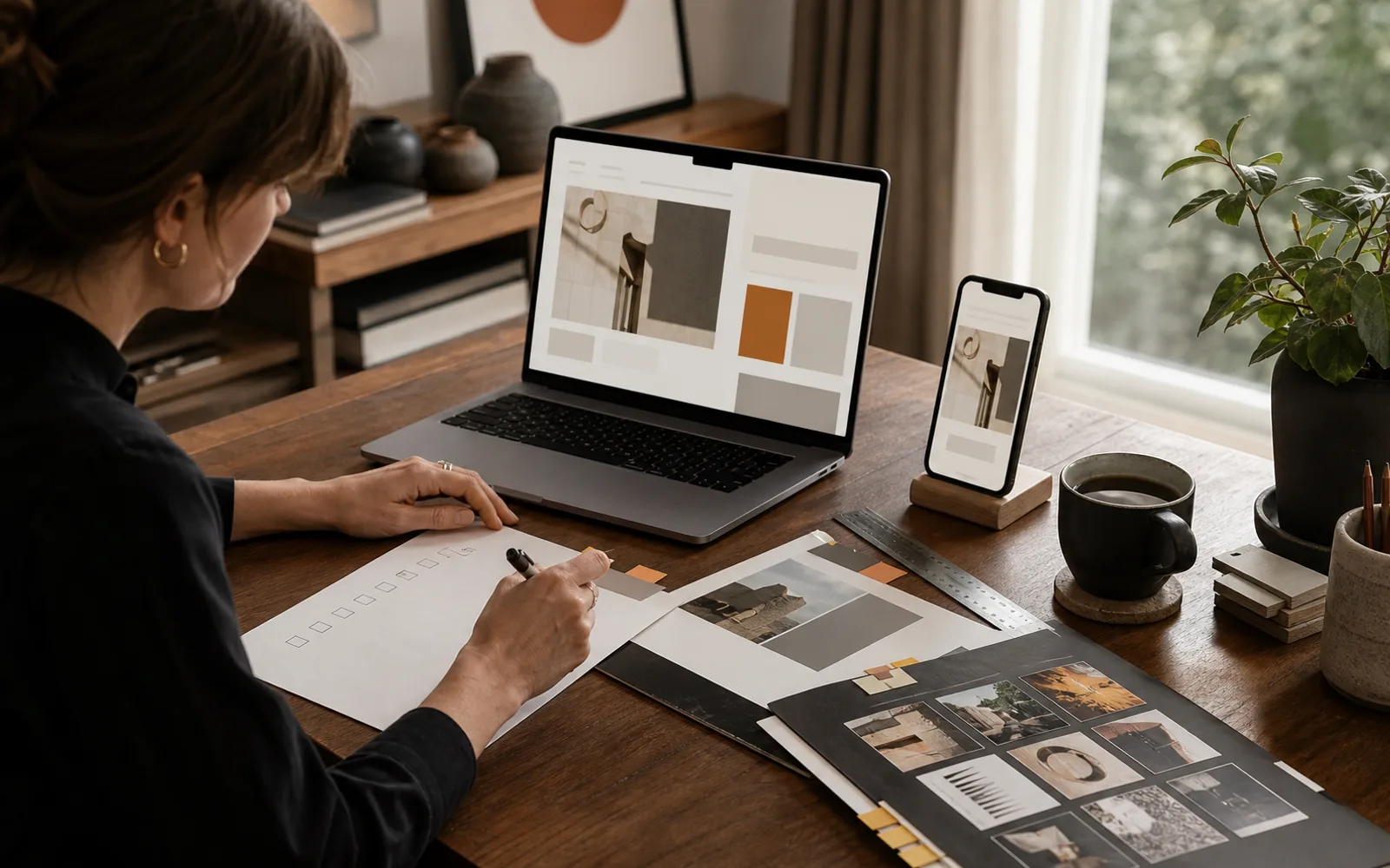 Small-business owner switching between page layout, mobile preview, copy document and image folder while building a website