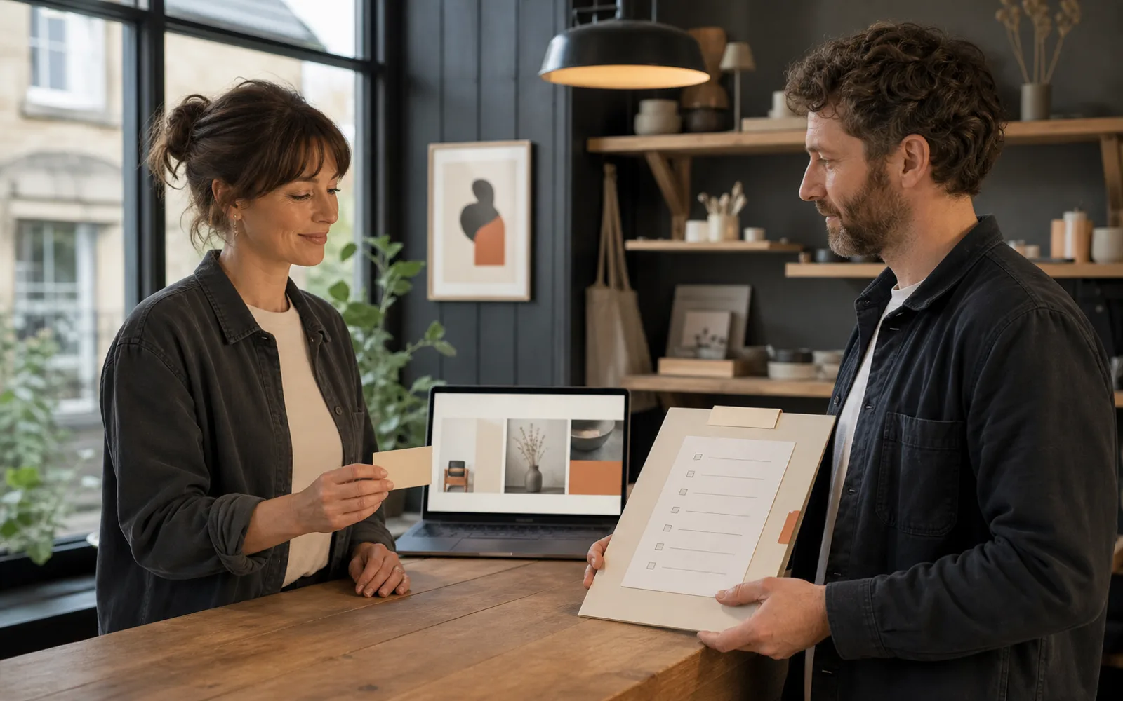 Business owner handing an organised website responsibility folder to a specialist while retaining the domain ownership record