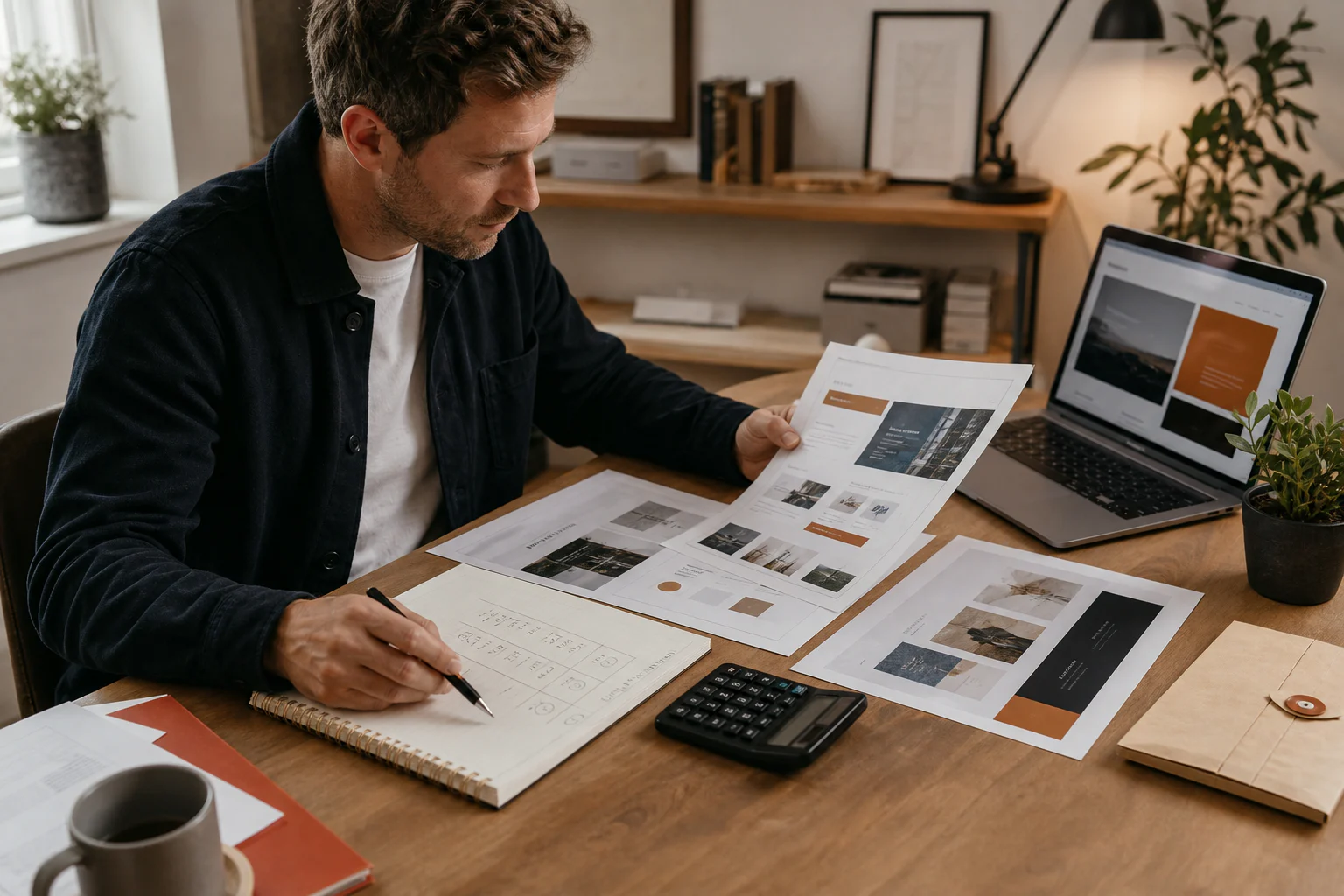 A business owner comparing website layouts, proposals and total costs at a desk