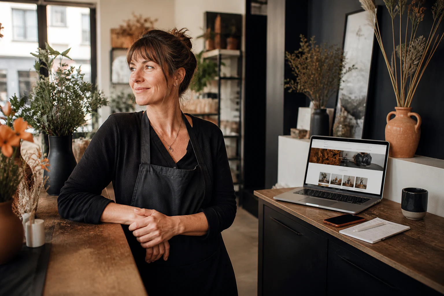 An independent business owner working in her shop while a managed website is available on a nearby laptop