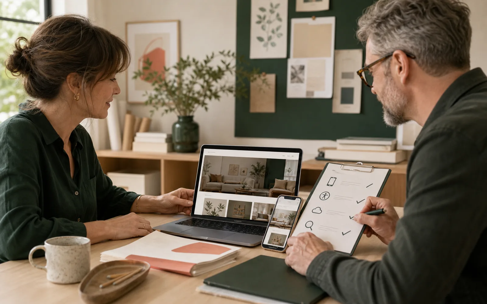 Small-business owner reviewing a finished website while a specialist takes responsibility for the technical checklist